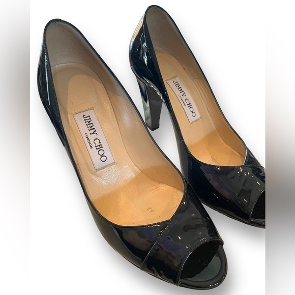 JIMMY CHOO | $770 Black Patent Leather Peep Toe Pump Made in Italy Size 37 - Picture 4 of 10